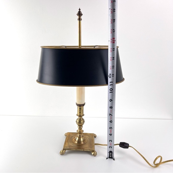 Vintage French Tole Brass Double Bulb Table Lamp With Black Shade - Picture 10 of 12